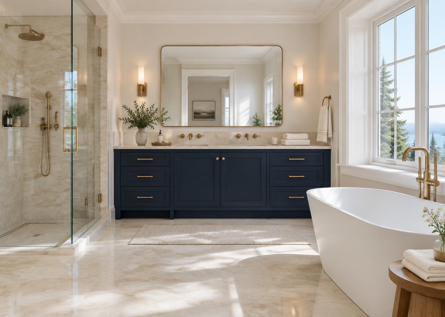 An empty, freshly cleaned bathroom with stone surfaces and brass fittings