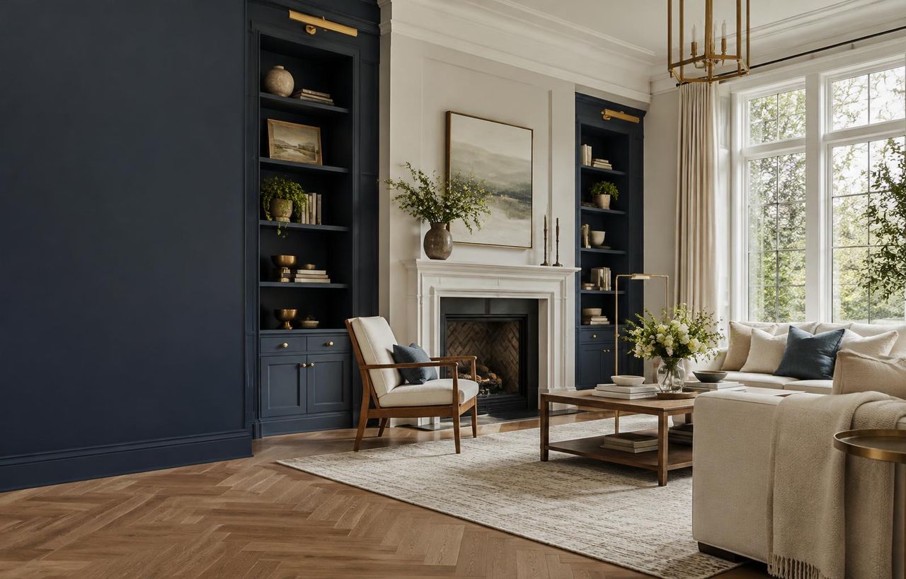 An elegant living room with navy cabinetry, ivory upholstery and brass accents